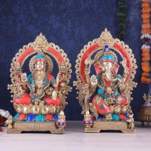 18" Lord Ganesha & Goddess Lakshmi Brass Statue Set | Divine Prosperity Pair | Traditional Temple Murti